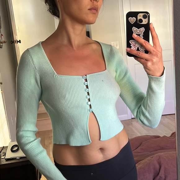 Zara teal crop knitted cardigan - Picture 3 of 5